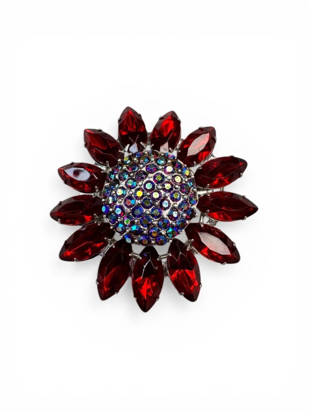 Sunflower Brooch Red Acrylic Navette AB Crystal Silver Tone 1990s Vintage